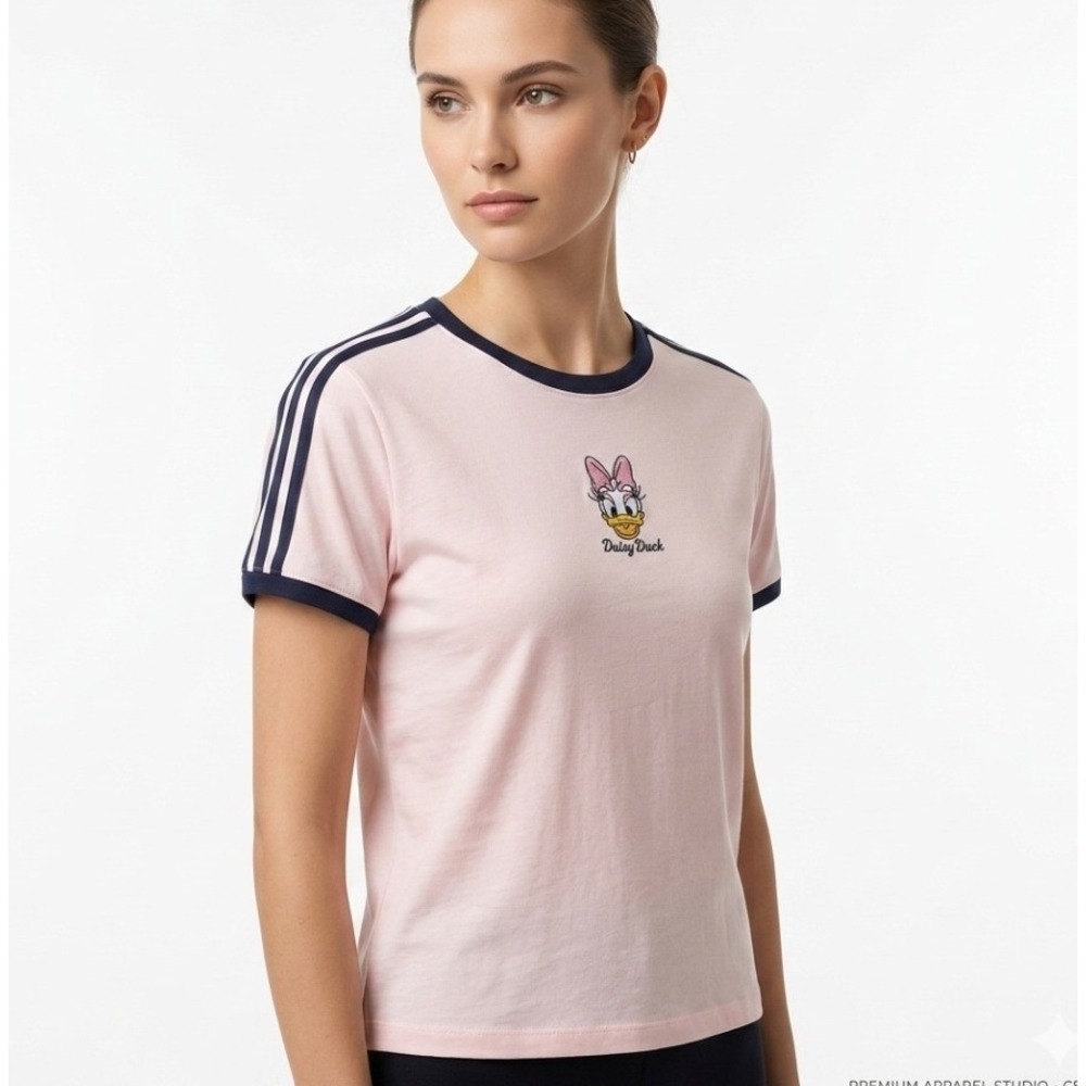 Disney Daisy Duck Shirt Womens XL Pink Embroidered Ringer Te2e Cartoon‎ Graphic